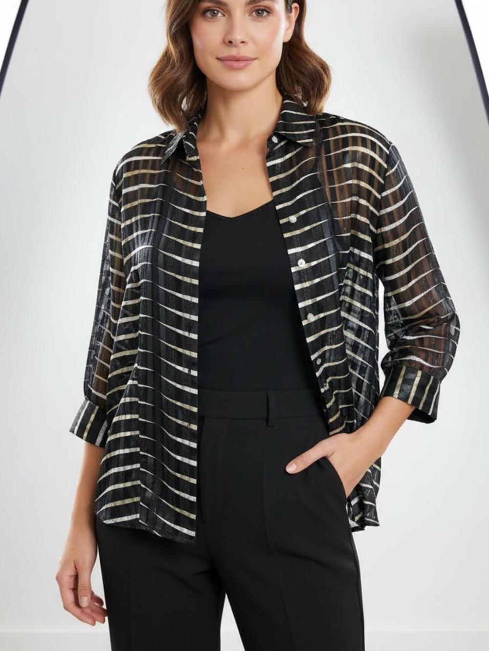 Jaipur Black Sheer Blouse with Metallic Gold and Silver Stripes